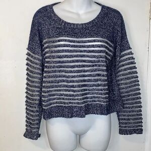QUINN Navy Blue Textured Striped Marled Linen Cashmere Blend Crop Sweater -XS